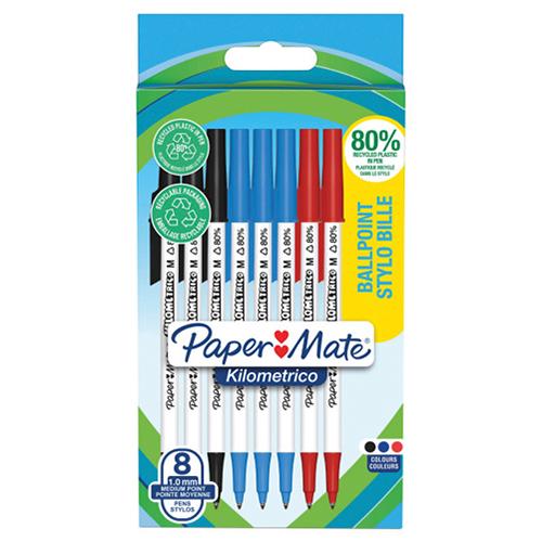 Photo de Stylo-bille non rétractable - Kilometrico - Lot de 8 - Multicolore - Paper Mate