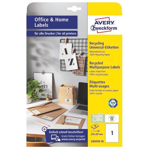 Photo de Etiquette recyclée - 108x48 mm (pack 10 feuilles) - Blanc - Avery Zweckform